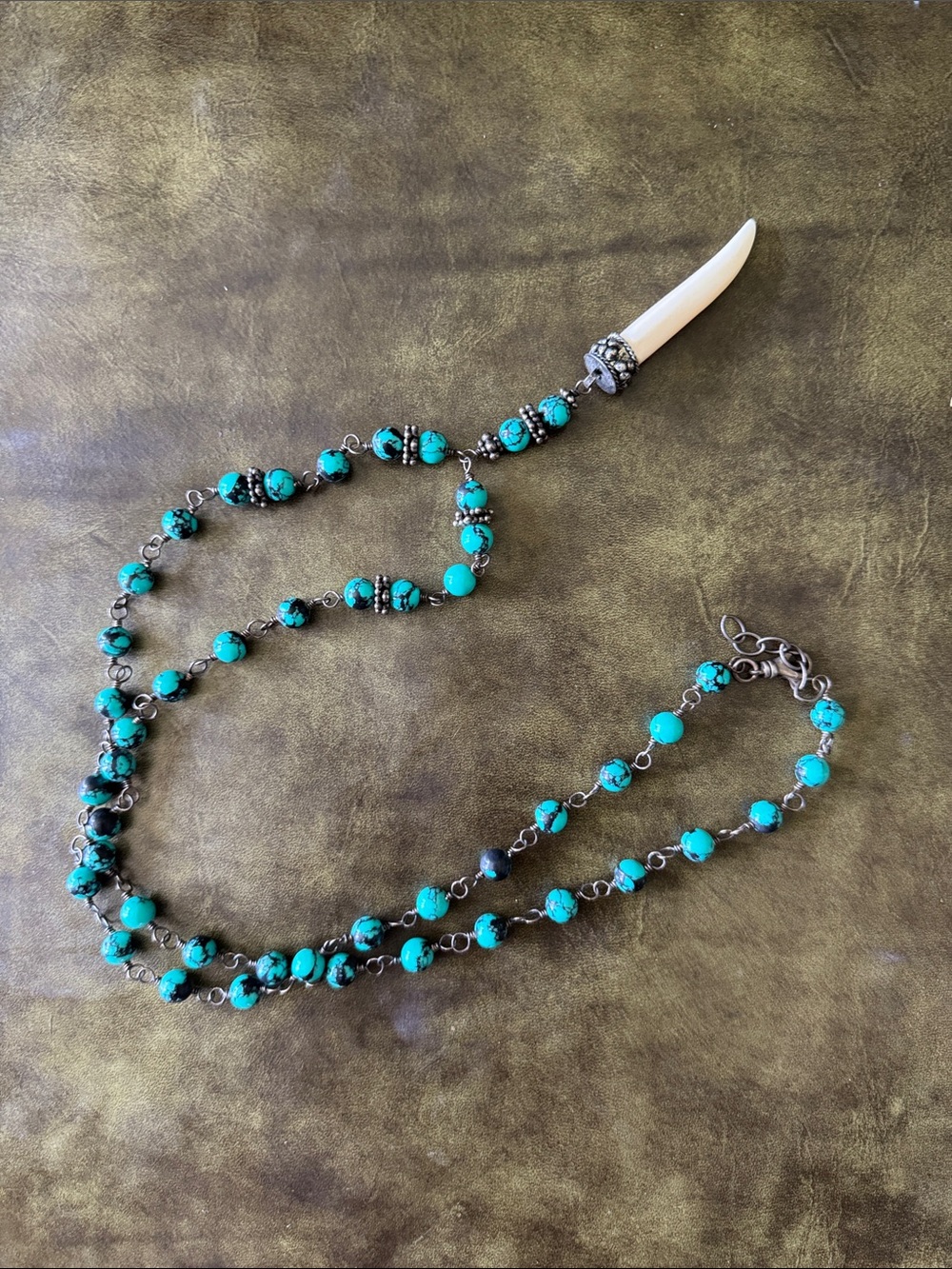 Turquoise Bead Pendant Necklace with Ivory Tusk Accent